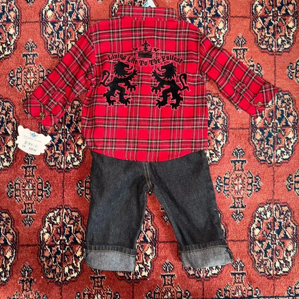 Glamajama Baby Boy 3-6 Mo. NWT Red Flannel Shirt‎ + Jeans Outfit